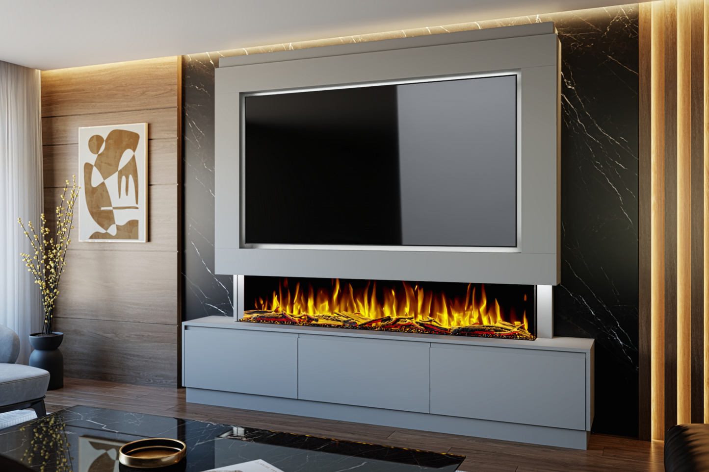 Pre-Built Media Wall T with 72 Inch Electric Fireplace – Delivered Across Mainland UK