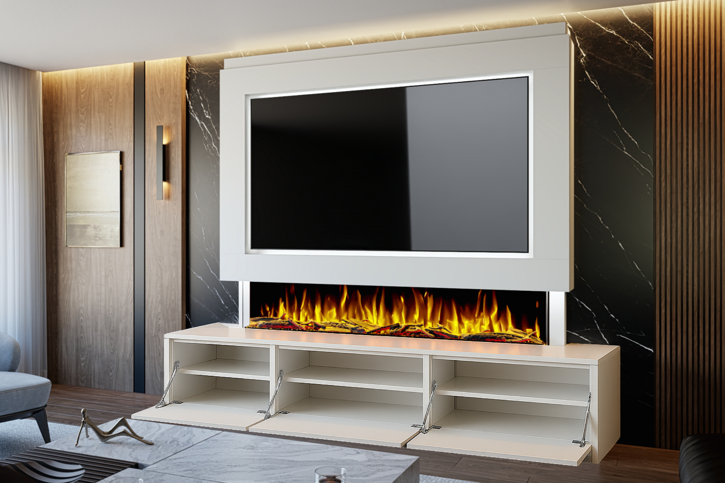 Pre-Built Media Wall T with 72 Inch Electric Fireplace – Delivered Across Mainland UK