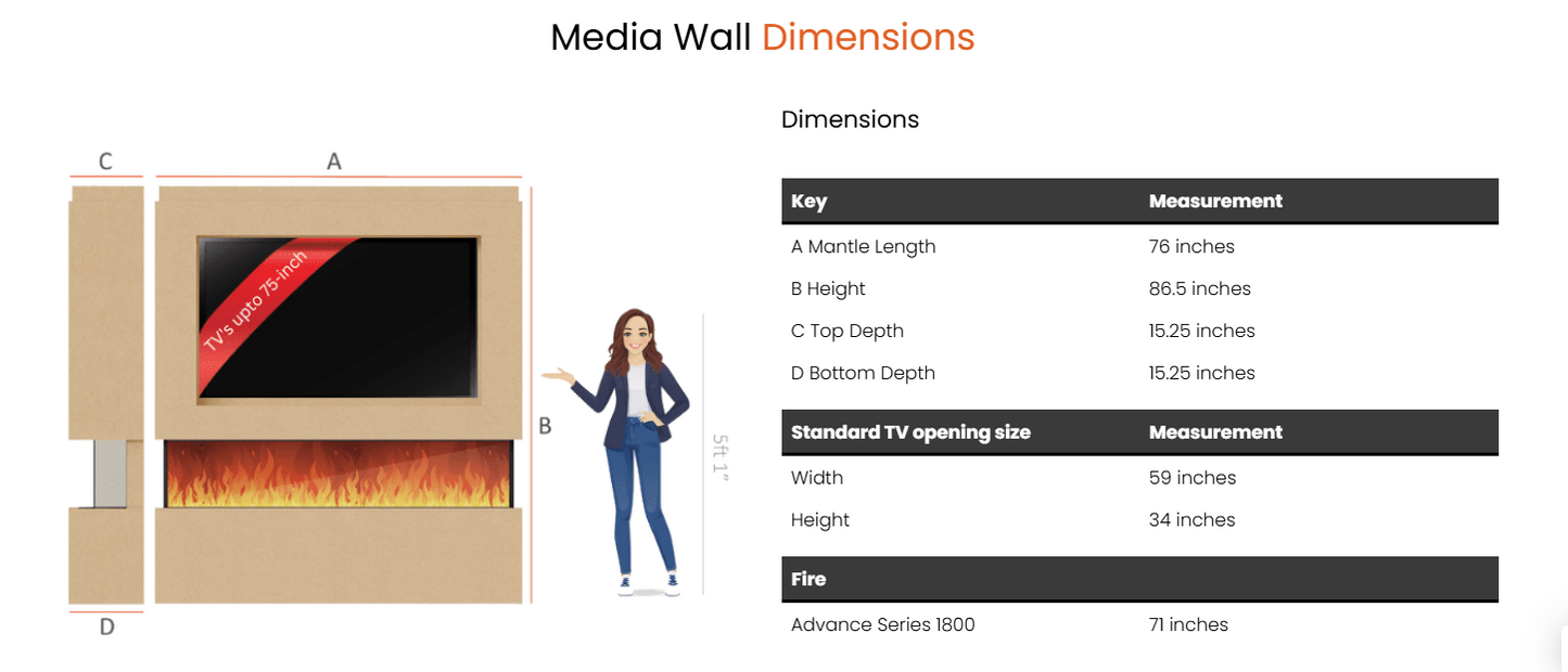 Pre-Built Media Wall Package L – Advance 1800mm Media Wall Fireplace | CAD Design Included