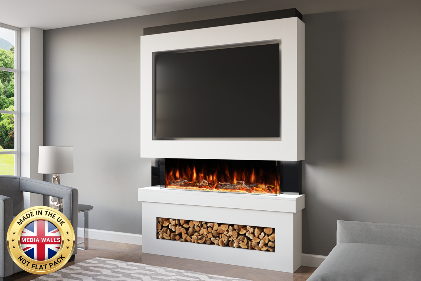 Pre-built media wall package F with 44-inch slimline electric fireplace and LED lighting