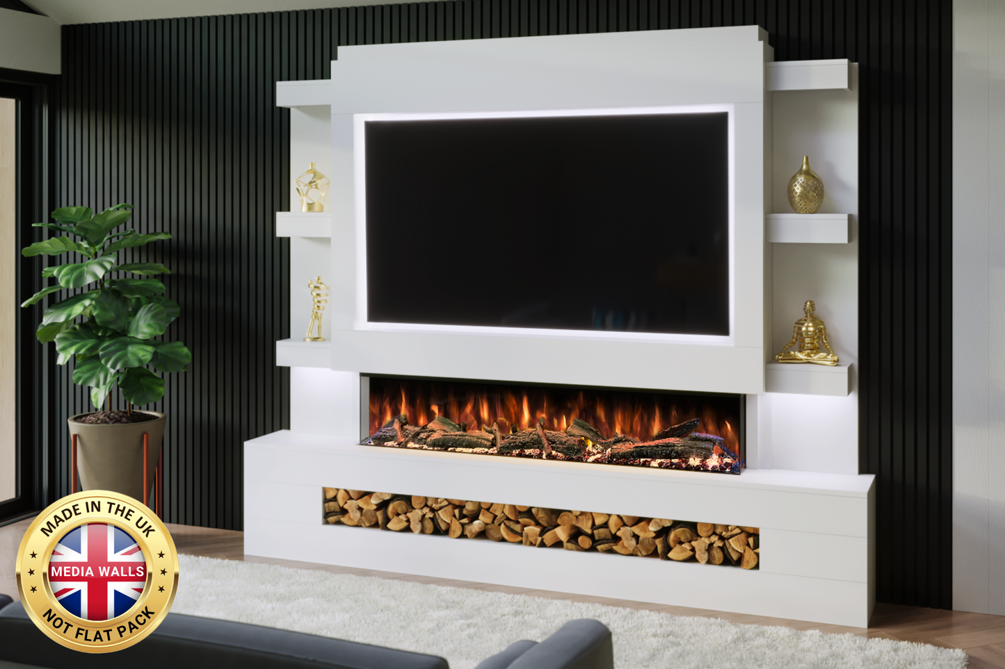 Pre-built media wall package O with 60-inch slimline electric fireplace and LED lighting