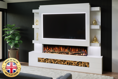 Pre-built media wall package O with 60-inch slimline electric fireplace and LED lighting