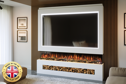 Pre-built media wall package P with 82-inch slimline electric fireplace and LED lighting
