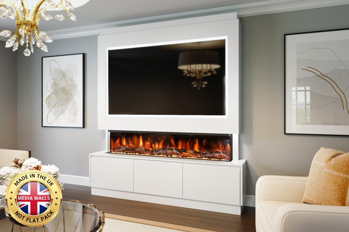 Pre-built media wall package R with 60-inch slimline electric fireplace and LED lighting