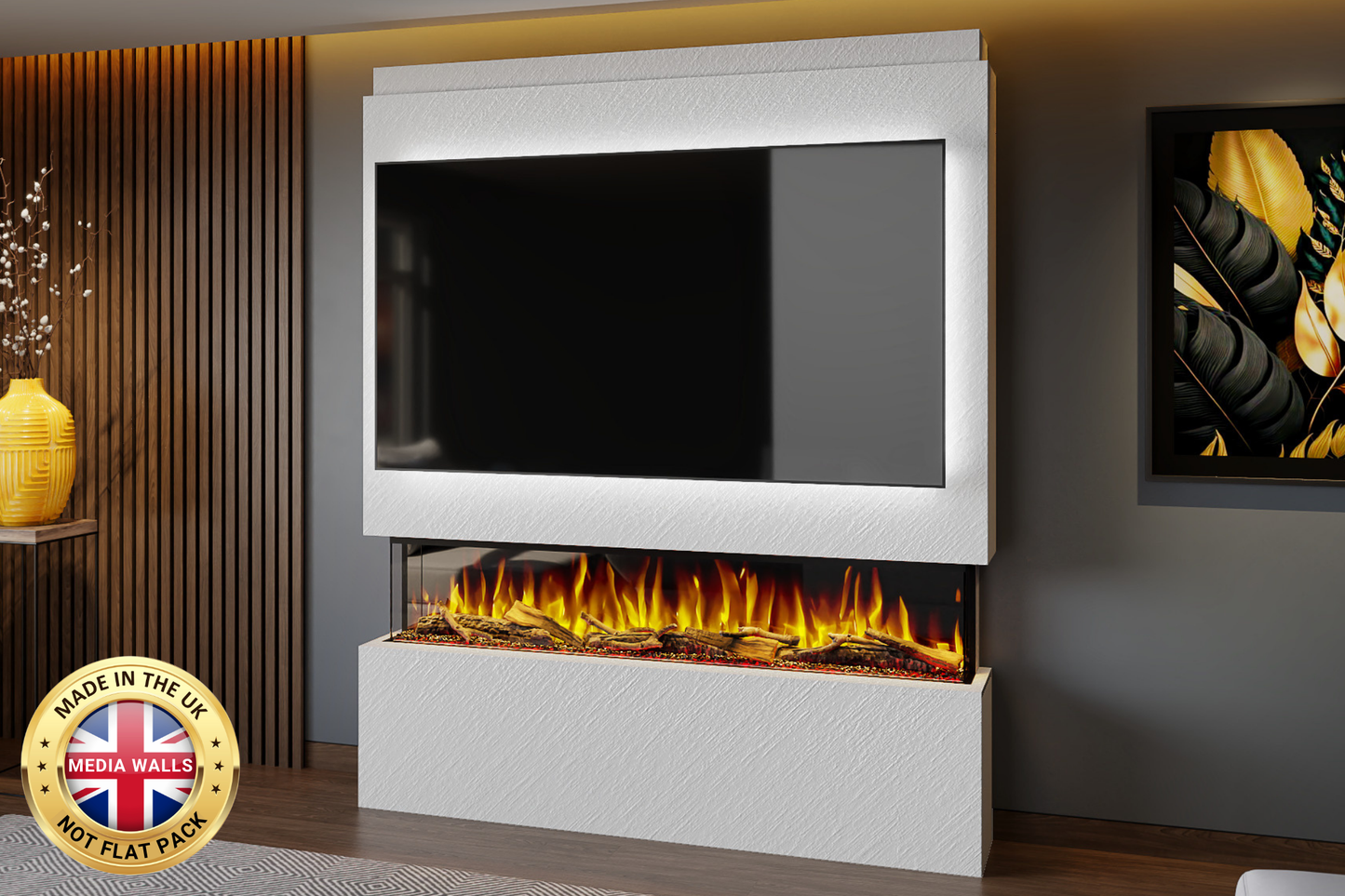 Pre-built media wall package V with 60-inch slimline electric fireplace and LED lighting