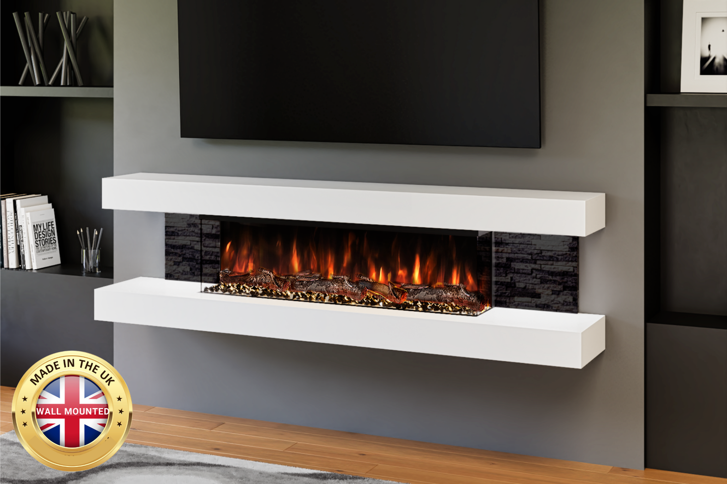 Slim WHITE wall-mounted electric fireplace with LED flame – Fireplaces Central